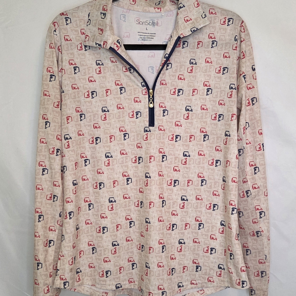 San Soleil  Womens Large  1/4 Zip Pullover Cream with Red & Navy Golf Carts #247